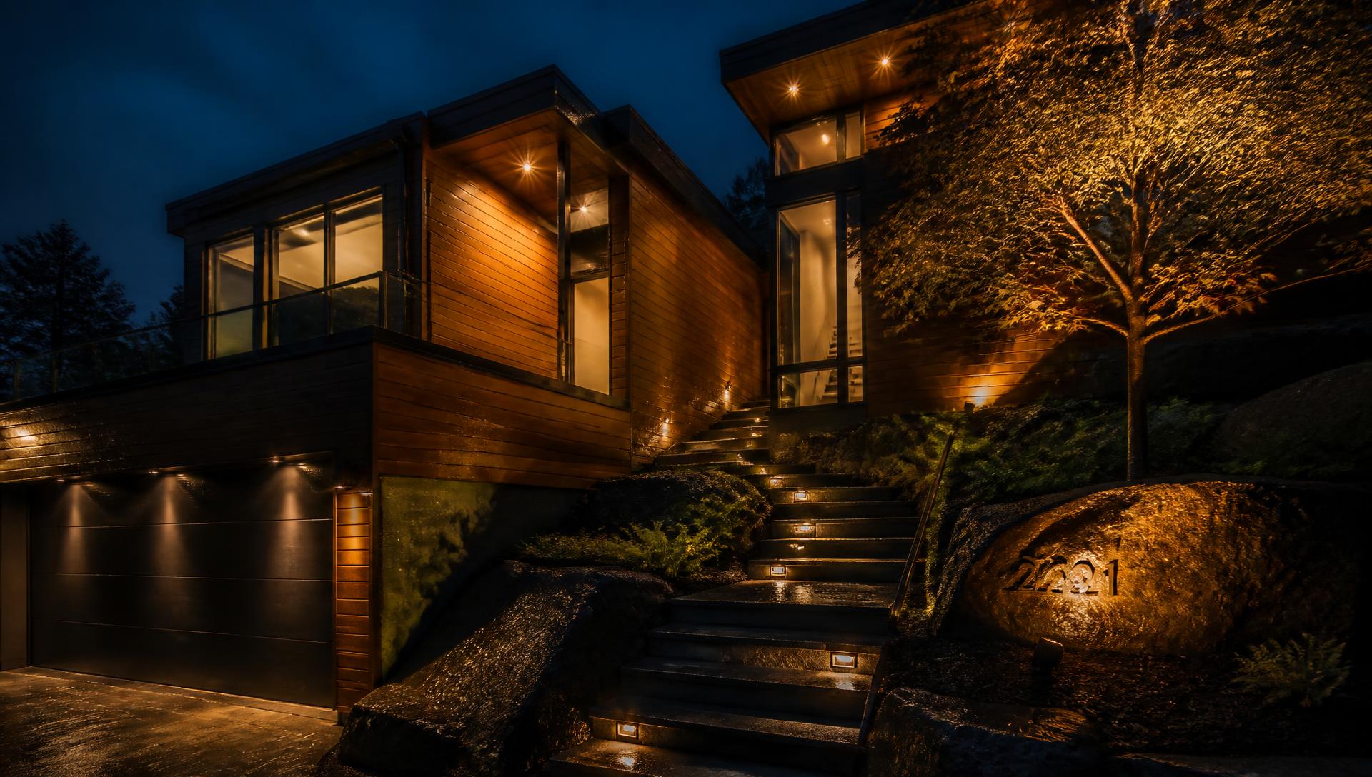 Contemporary West Coast home at dusk with warm architectural lighting on the facade and entry path