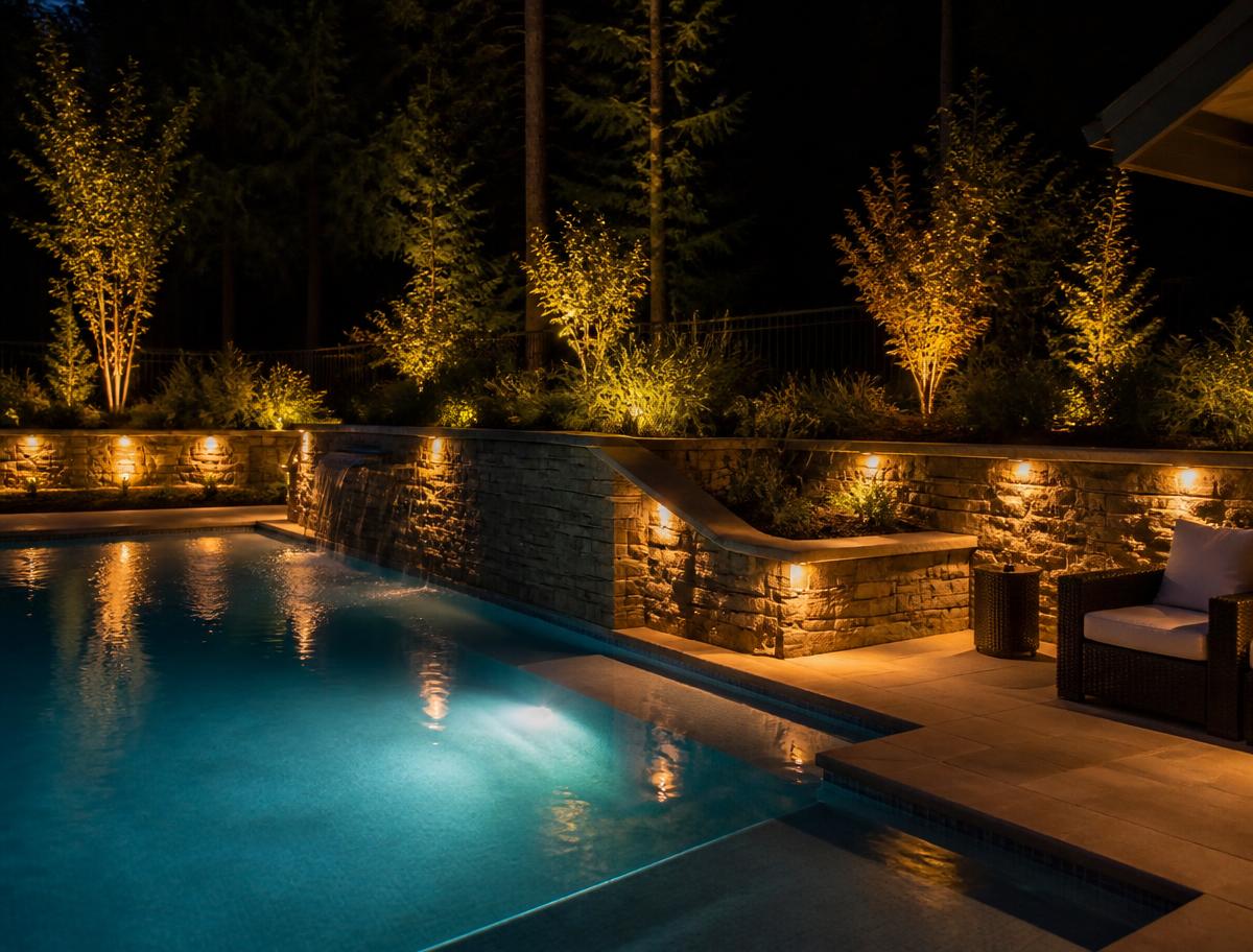 Poolside patio at night with a lit stone wall and up-lit trees along the perimeter