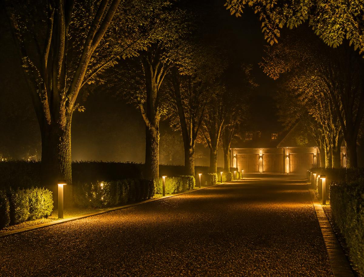 Driveway lined with low warm bollard lights leading toward a lit garage at night