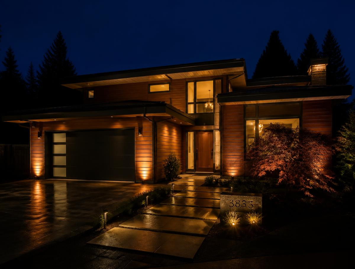 Cedar-clad home with warm facade up-lighting and a lit stone walkway at night