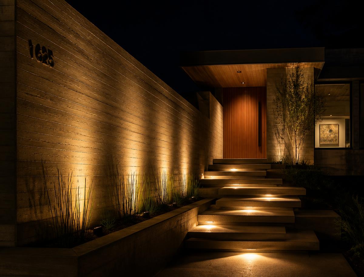 Concrete entry wall washed with warm light beside lit floating steps at night